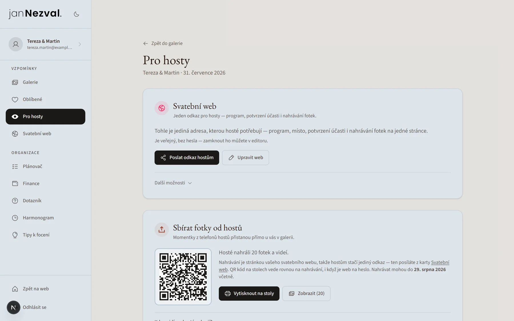 Sekce pro hosty s QR kódem a odkazem na svatební web