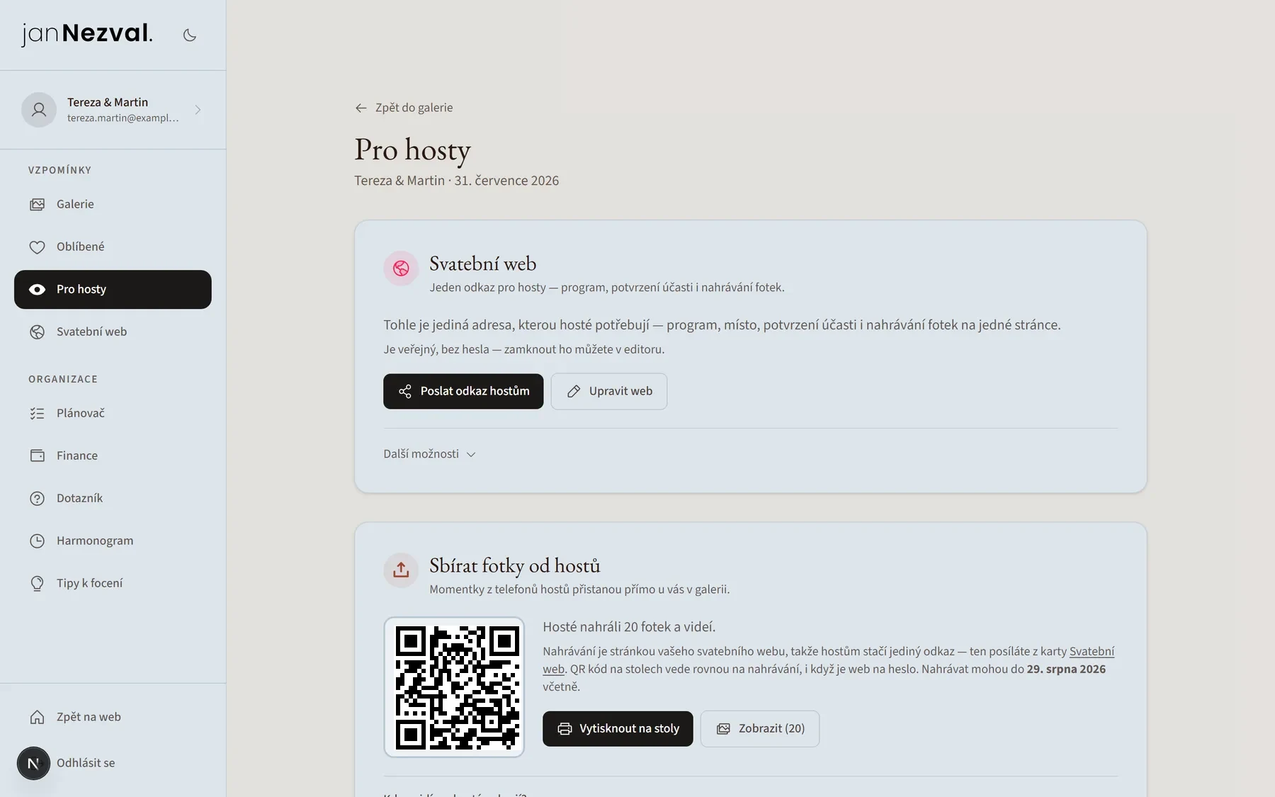 Sekce pro hosty s QR kódem a odkazem na svatební web
